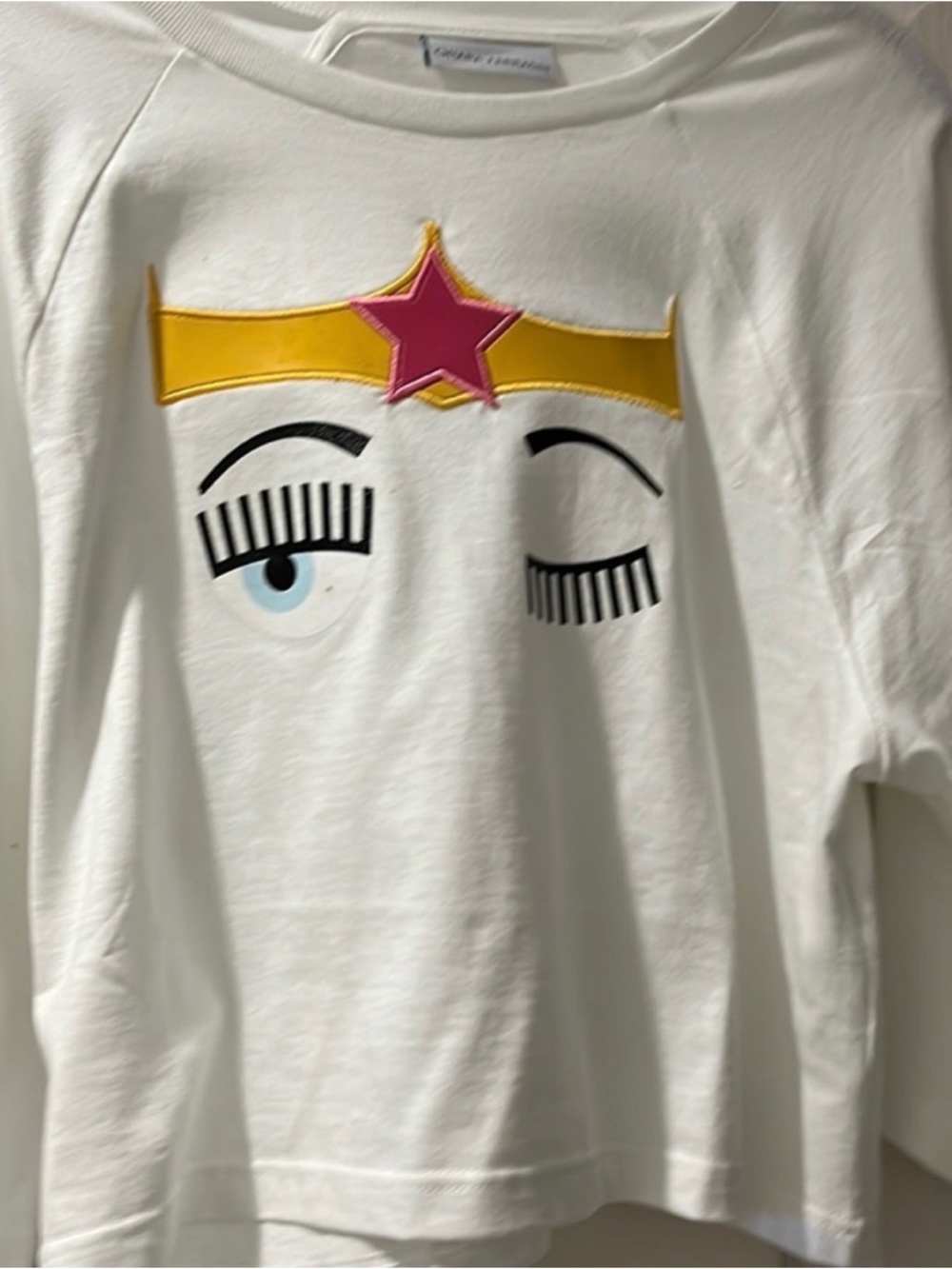 Chiara Ferragni White Pullover with Gold Tiara and Pink Star